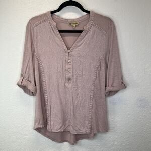 Democracy Mauve Roll Tab Pull Over Blouse Size L bohemian chic, textured details